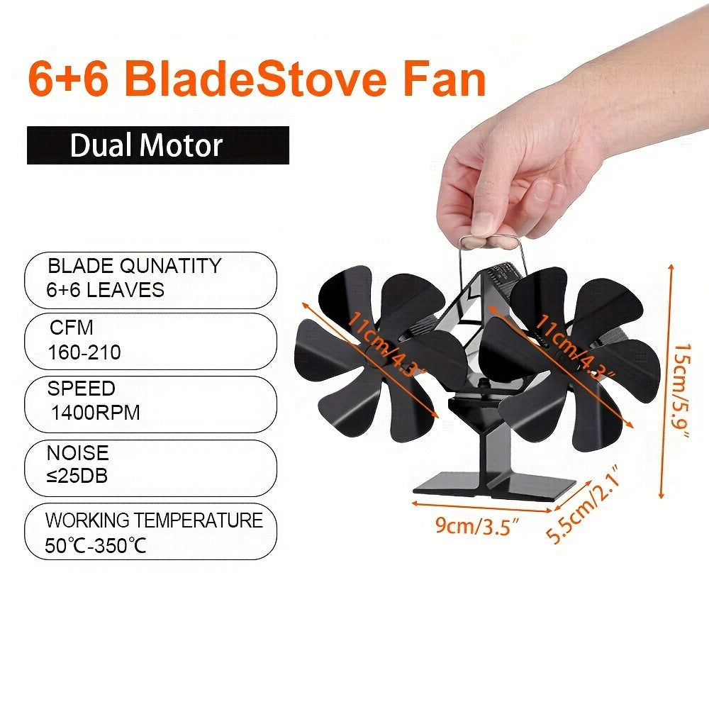 Fireplace Fan with Thermometer - Double-Headed 12-Blade Design, Heat-Powered Wood Stove Accessory for Improved Air Flow, No Electricity Needed