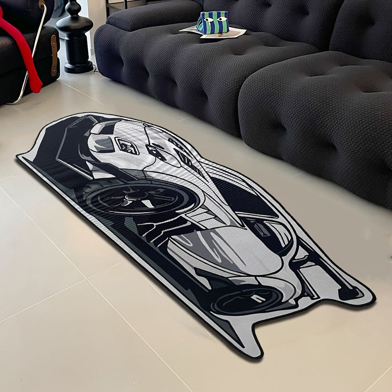 Black and white polyester knit area mat with a cool sports car design, featuring a rubber backing for added durability. This lightweight and washable mat is stain resistant and non-slip, making it perfect for entryways, living rooms, and bedrooms.