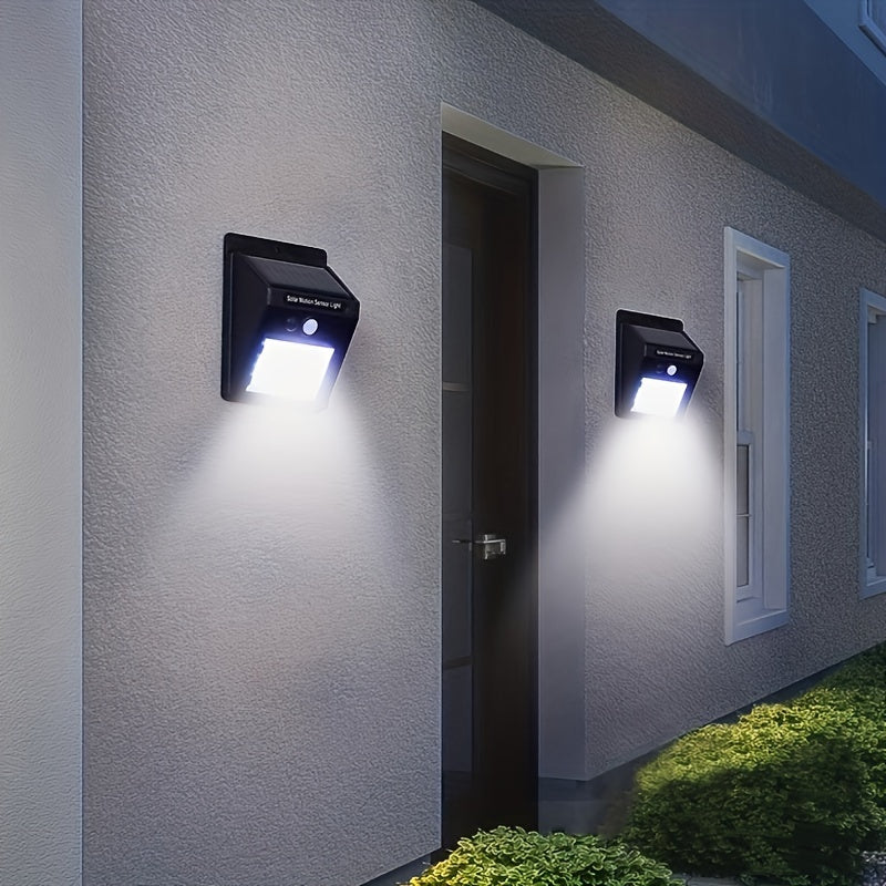 Outdoor solar motion sensor light with 120° wide angle lighting is suitable for courtyard, garden, garage, driveway, sidewalk, and patio deck.