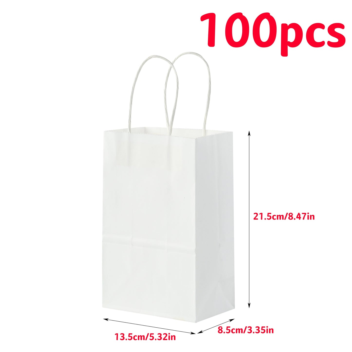 White Kraft Paper Tote Bags with Handles - Set of 100, Ideal for Food Take Out, Gift Wrapping, Kitchen Essentials, and Home Organization