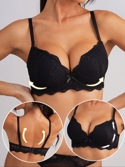 Solid lace bow underwire push up bra, comfortable and breathable women's lingerie.