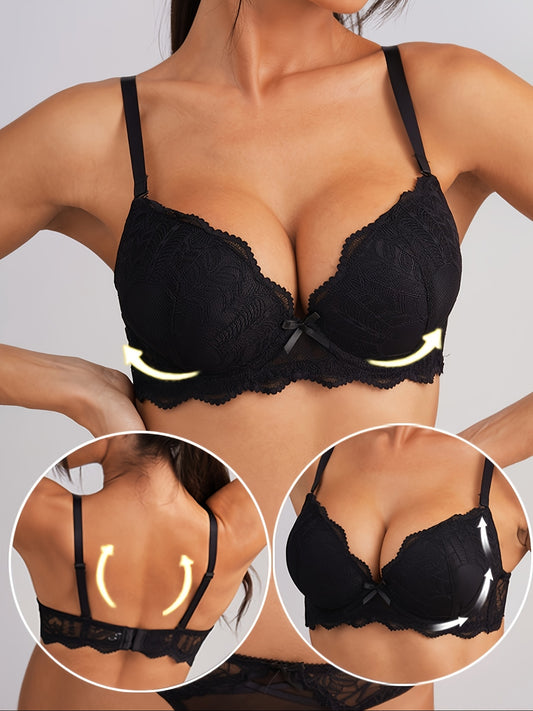 Solid lace bow underwire push up bra, comfortable and breathable women's lingerie.