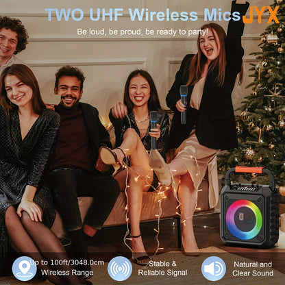 JYX-T17 Ultimate Bass & Treble Wireless Speaker with 2 Microphones - Portable Party PA System with LED Lights, USB/TF Card/AUX Karaoke & DJ Support