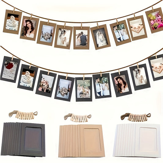 Vintage cowhide photo frames with line clips and banner garland for home decor, artisan crafts and sewing supplies, party decorations for all seasons, no power or batteries needed, without