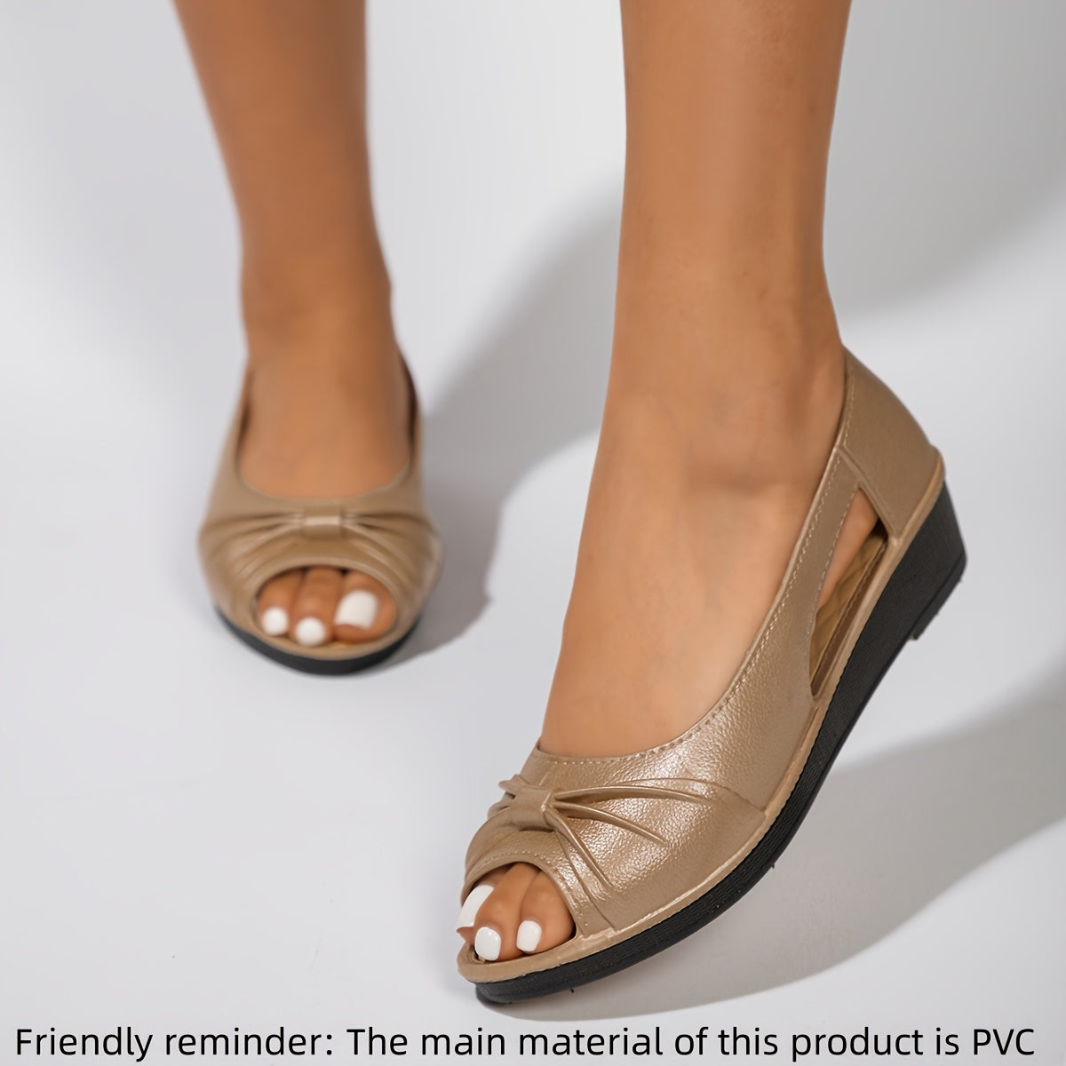 Elegant slip on sandals for women with soft platform sole, low wedge heel, and PVC material for special occasions.