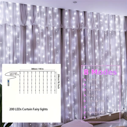 1pc Fairy Lights Curtain with 8 Modes Timer Remote, USB Lamps for Bedroom, Backdrop, Wedding, Party, Eid Al-Adha Mubarak.