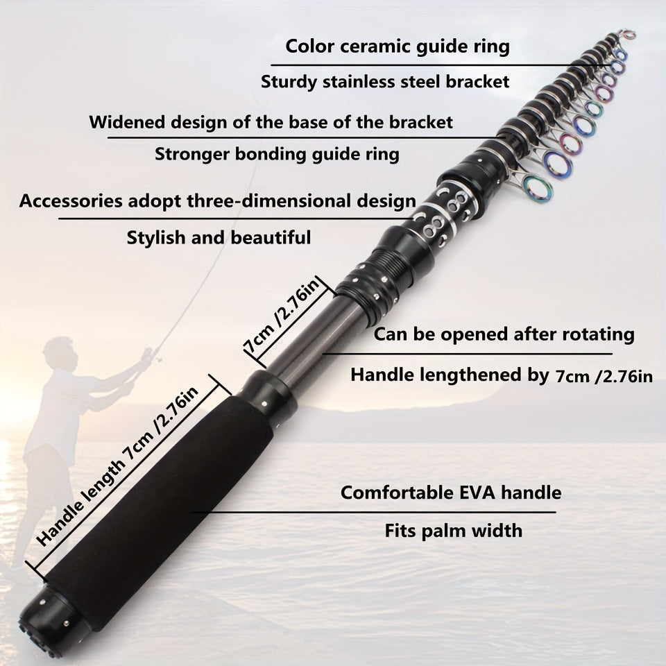 Ultra-short, ultra-hard carbon fishing rods measuring 2.1m-3.0m, with portable telescopic design and larger guide rings and handles. Ideal for carp and bass fishing, convenient for seaside