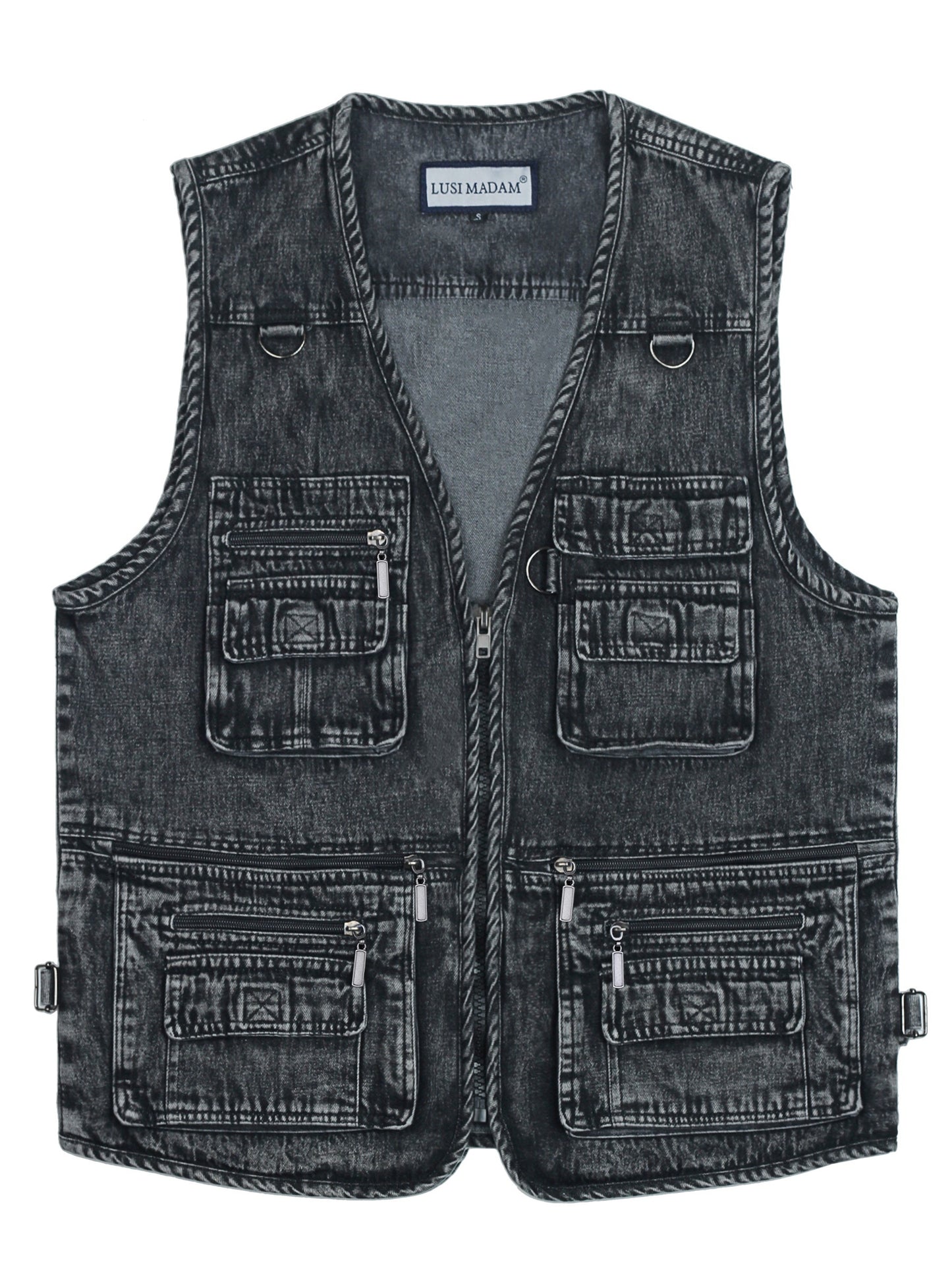 LUSI MADAM Men's Denim Black Zip-Up Vest - V-Neck with Multi Pockets, 100% Cotton, Perfect for Spring/Summer Outdoor Activities.