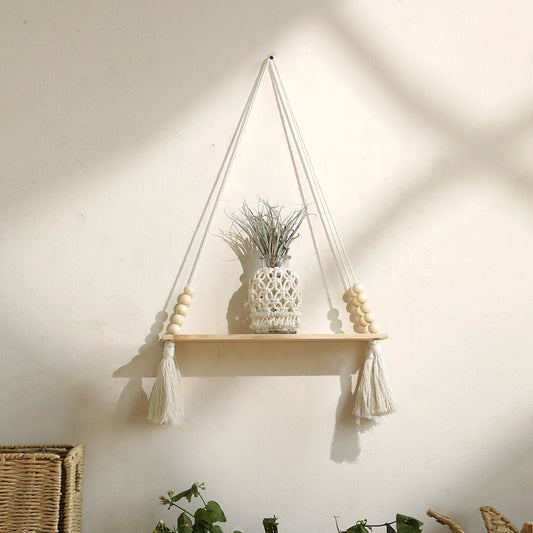 Macrame Wall Hanging Shelf Set - Rustic Farmhouse Floating Shelves with Boho Wood Beads, Perfect for Bedroom or Living Room Decor