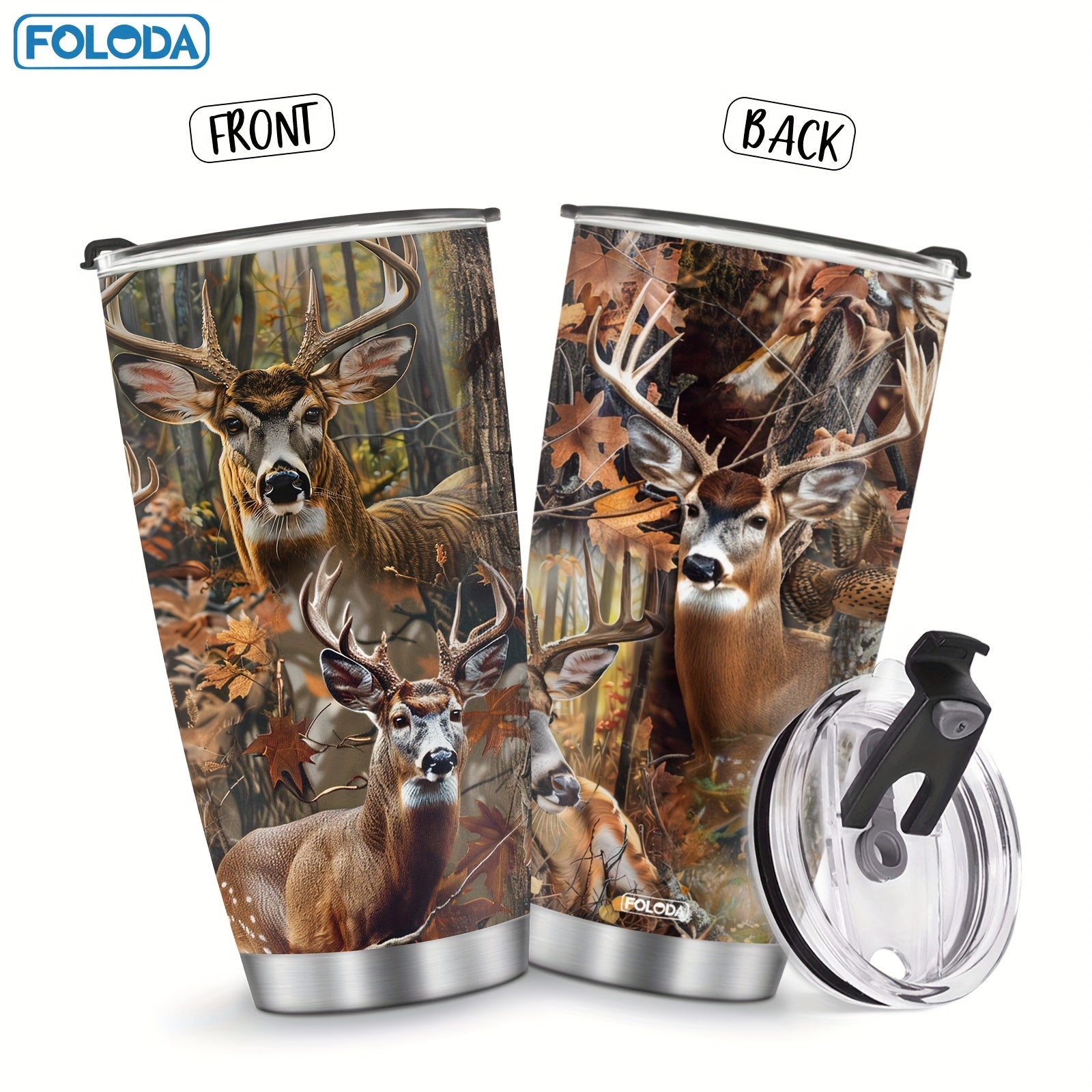 20oz stainless steel deer hunting tumbler with lid, autumn forest design, ideal gift for hunters, dad, or papa. Hand wash only. Great for Christmas, birthdays, or Valentine's Day.