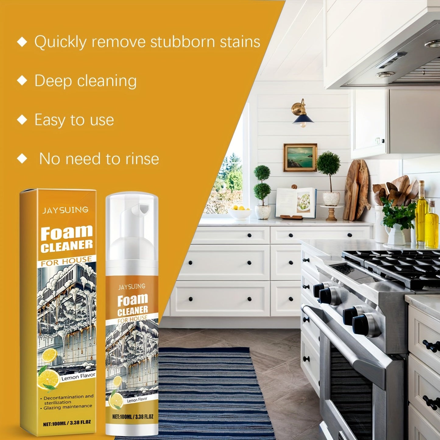 Restore your surfaces with a bottle of JAYSUING Multi-Purpose Foam Cleaner. This deep cleaning stain remover is perfect for kitchens, bathrooms, and furniture. The liquid formula leaves no residue and is safe for metal surfaces. Made with sodium