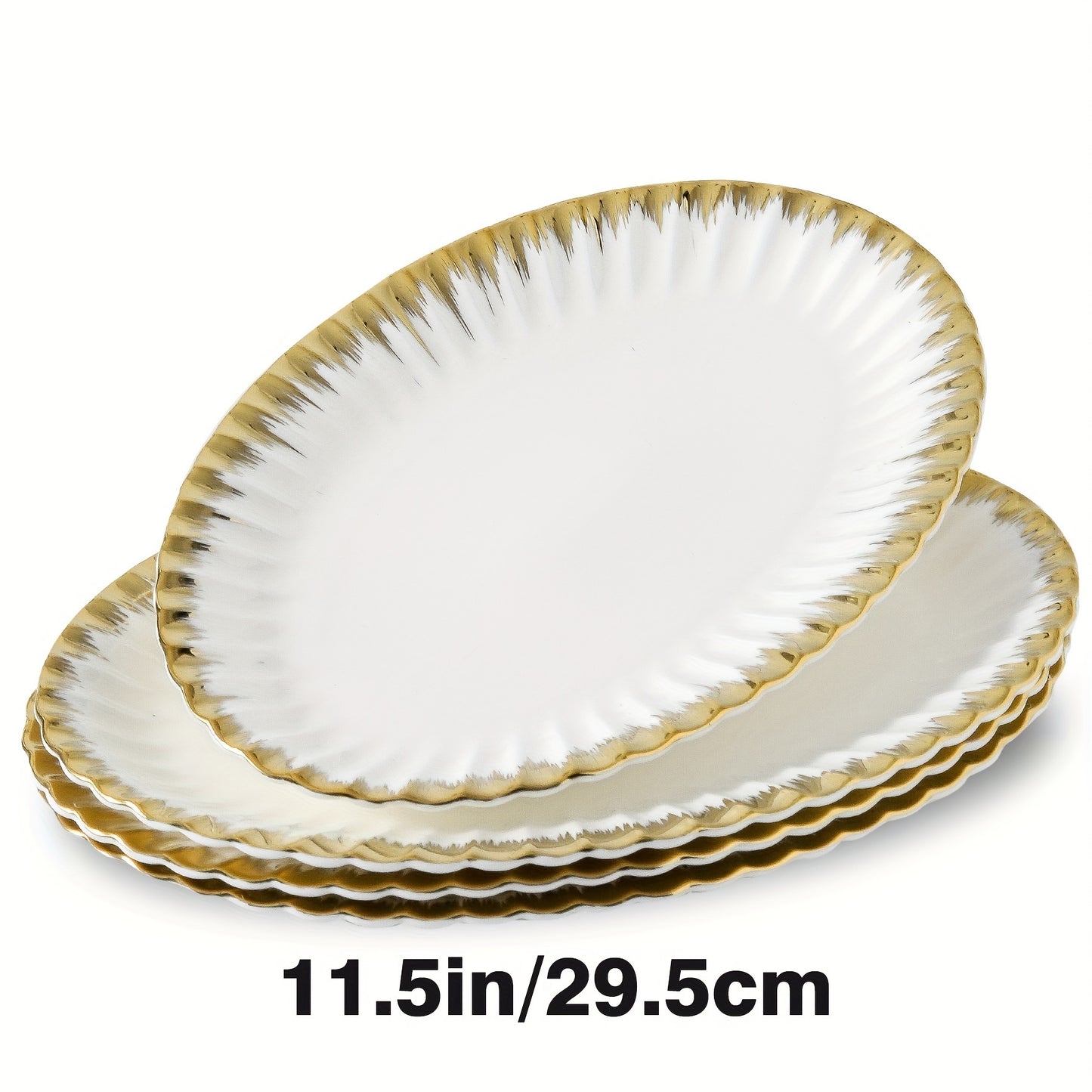 Set of 4 ceramic plates with golden rim, perfect for pasta, salads, and desserts. Dishwasher safe, ideal for home, dorms, and restaurants. Great housewarming gift.