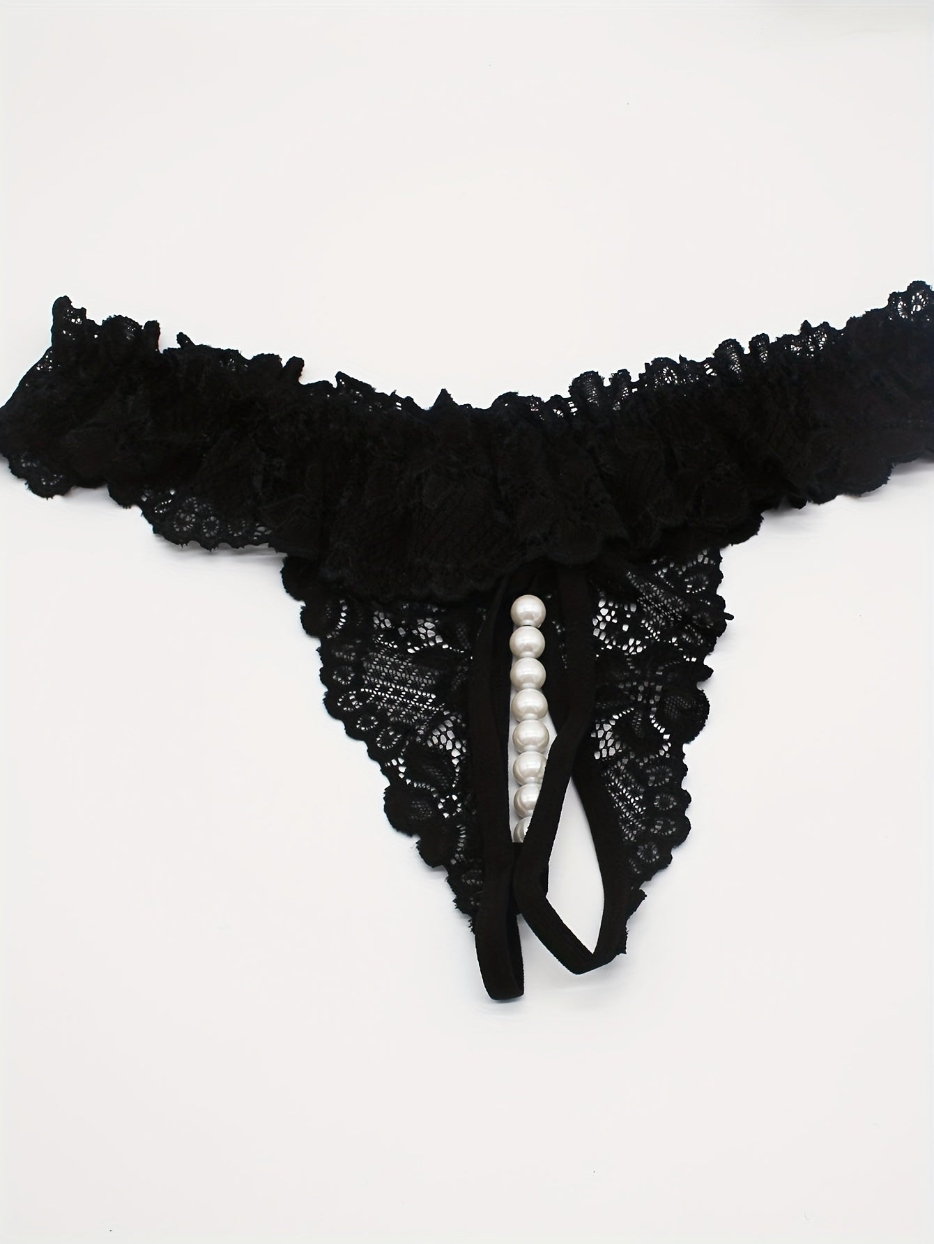 Women's sexy lingerie featuring floral lace bow thongs, open crotch faux pearl panties.