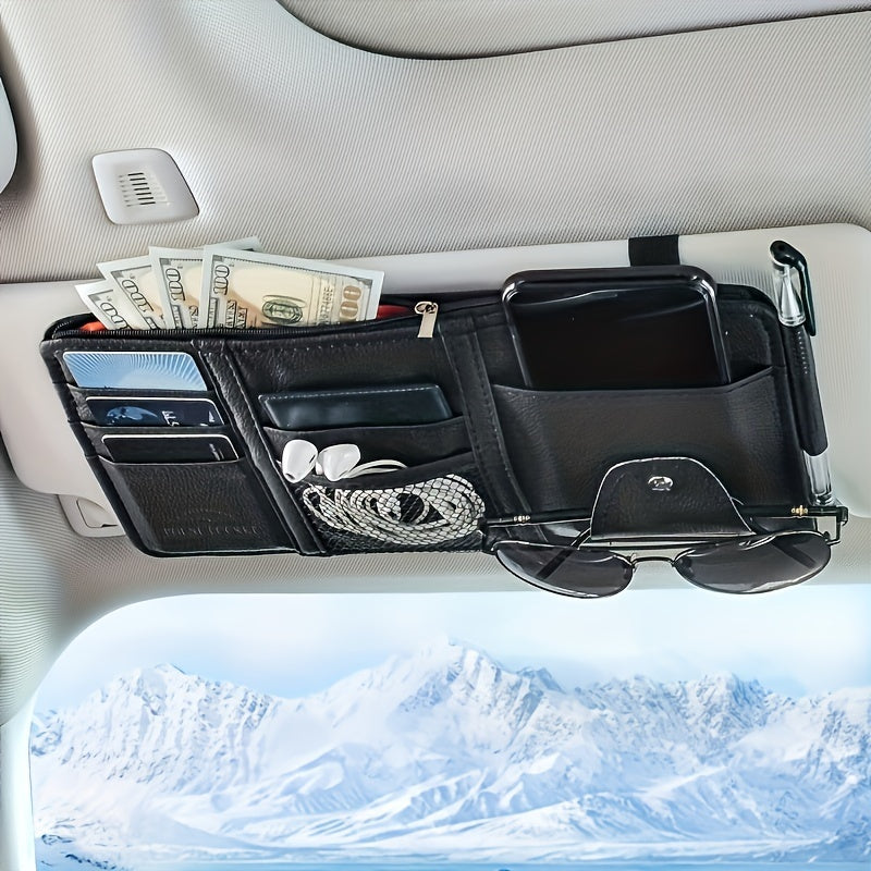 Car sun visor storage box with multiple functions: sunglasses organizer, card pouch, interior accessory.