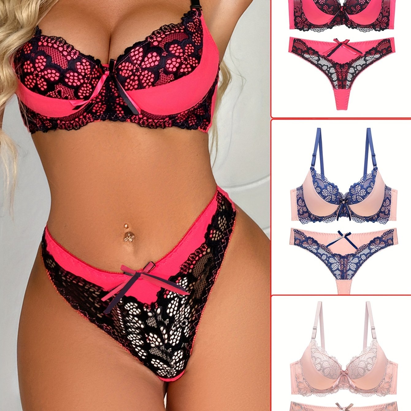 French sexy bra set with lace accents and hollowed out design, including 3 pieces of women's underwear.