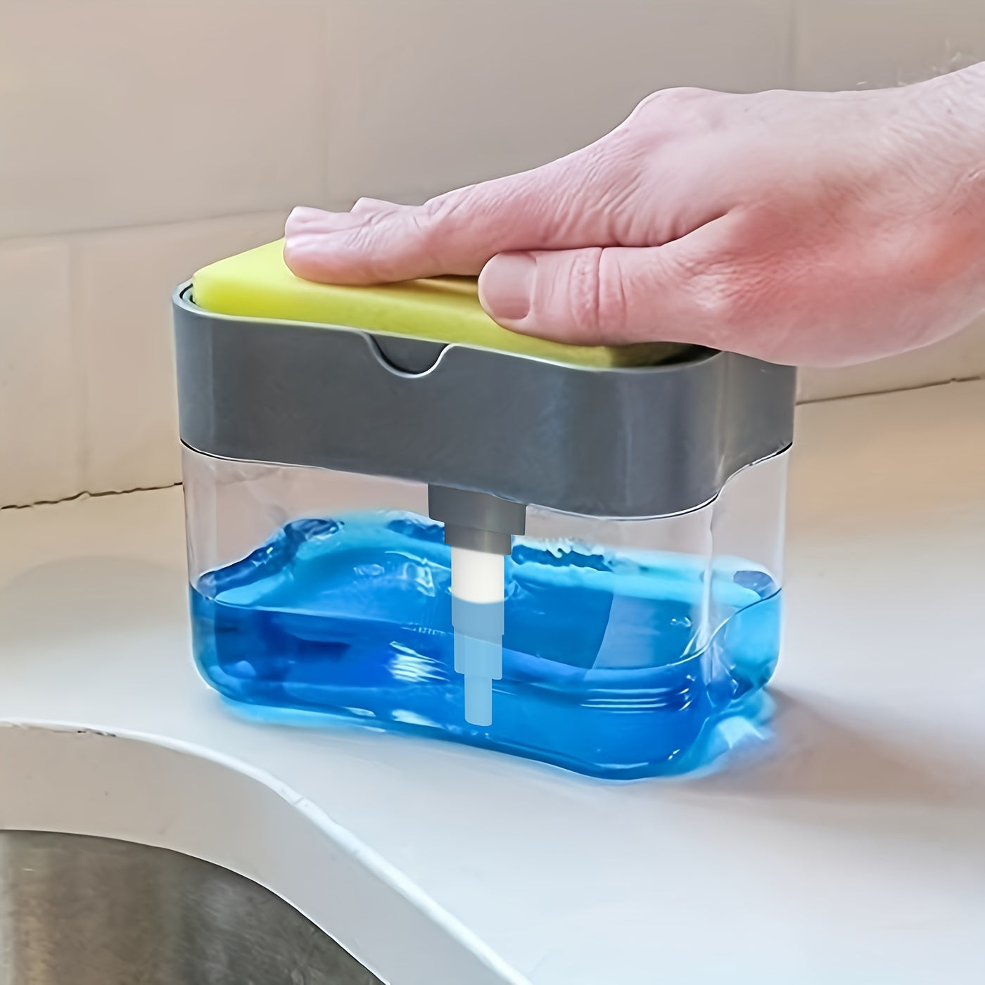 Modern ABS plastic dish soap dispenser with sponge holder, hand wash only, lightweight kitchen sink accessory with space-themed design.