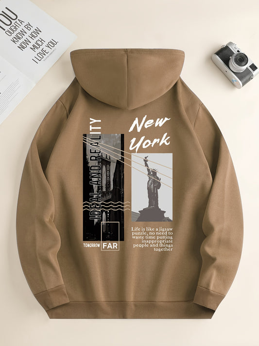 NYC Print Hoodie, Stylish Men's Graphic Pullover for Winter and Fall, Ideal Gift