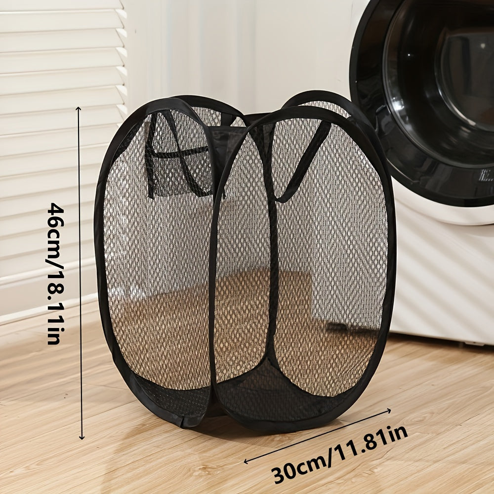 The Collapsible Mesh Laundry Hamper with Side Pocket and Sturdy Handles is perfect for bedrooms and bathrooms. Made of durable polyester, this basket is ideal for ages 14 and up and makes a great gift for Christmas, Thanksgiving, or Easter.