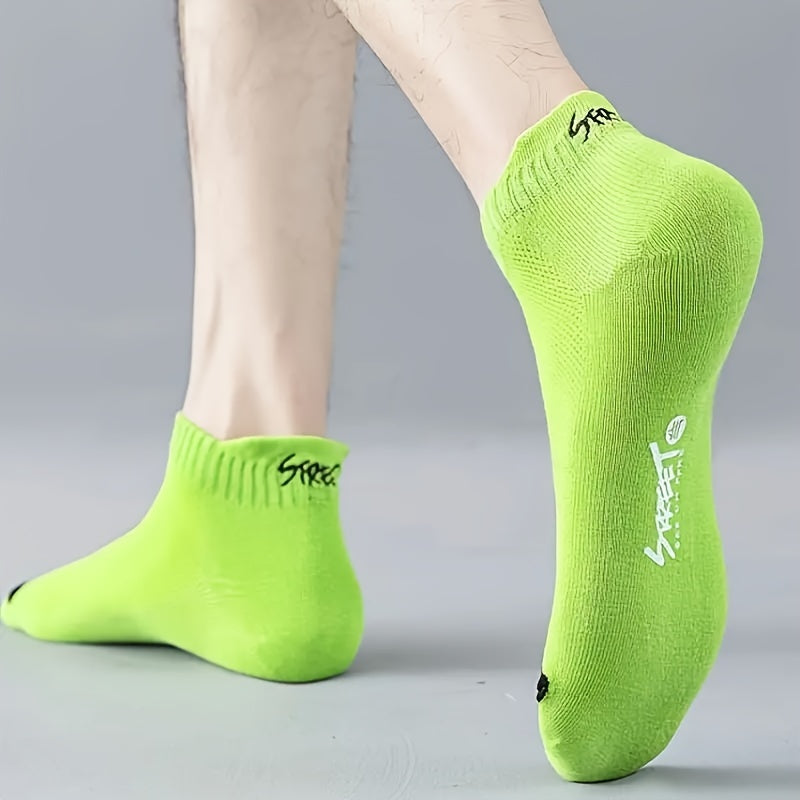 5 men's summer ankle socks - sweat-absorbent, thin low-cut sports socks in vibrant colors, breathable polyester & spandex blend, ideal for athletic activities.