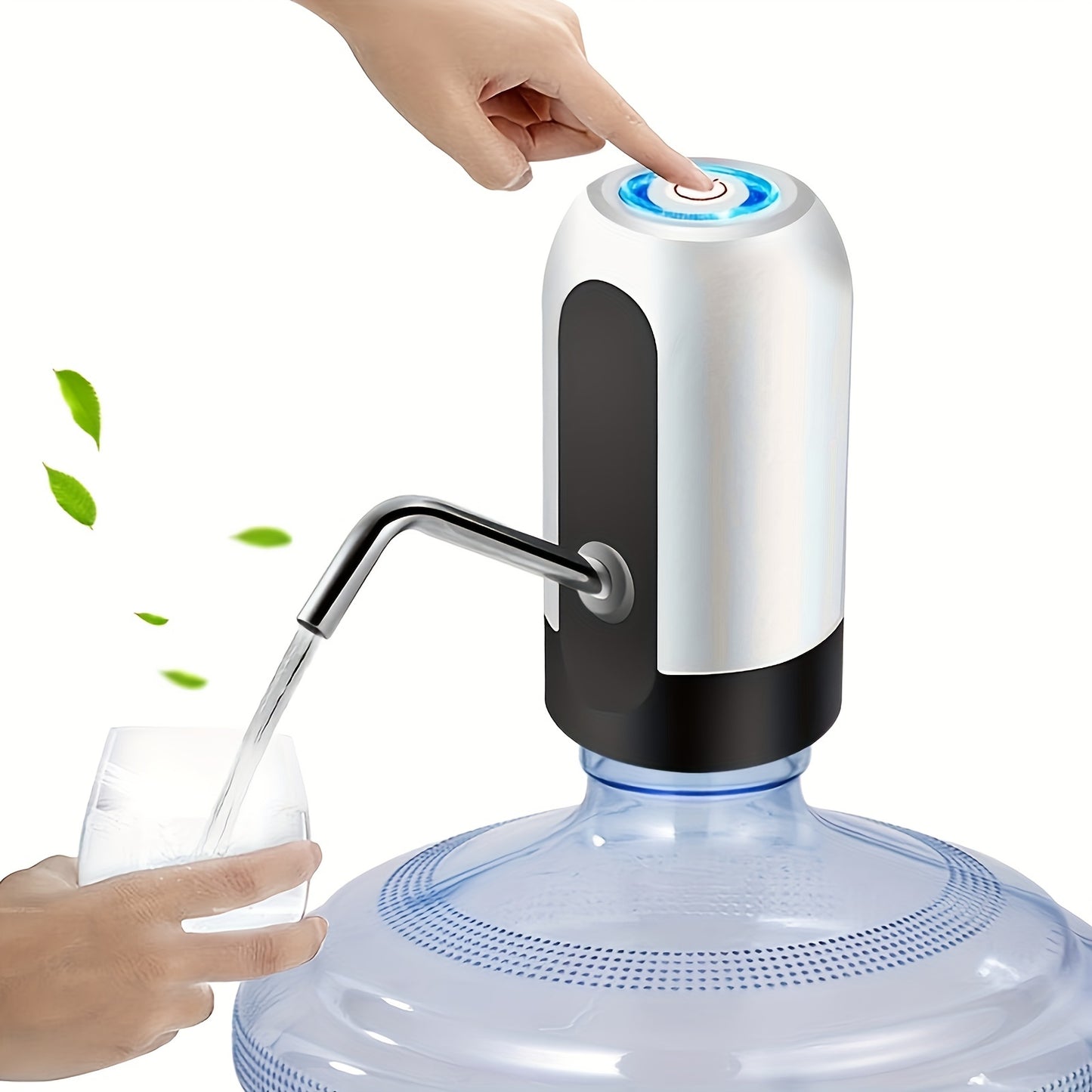 Electric water bottle pump for 11.36-18.93 L bottles with USB rechargeable lithium battery and ≤36V operating voltage. Ideal for camping.