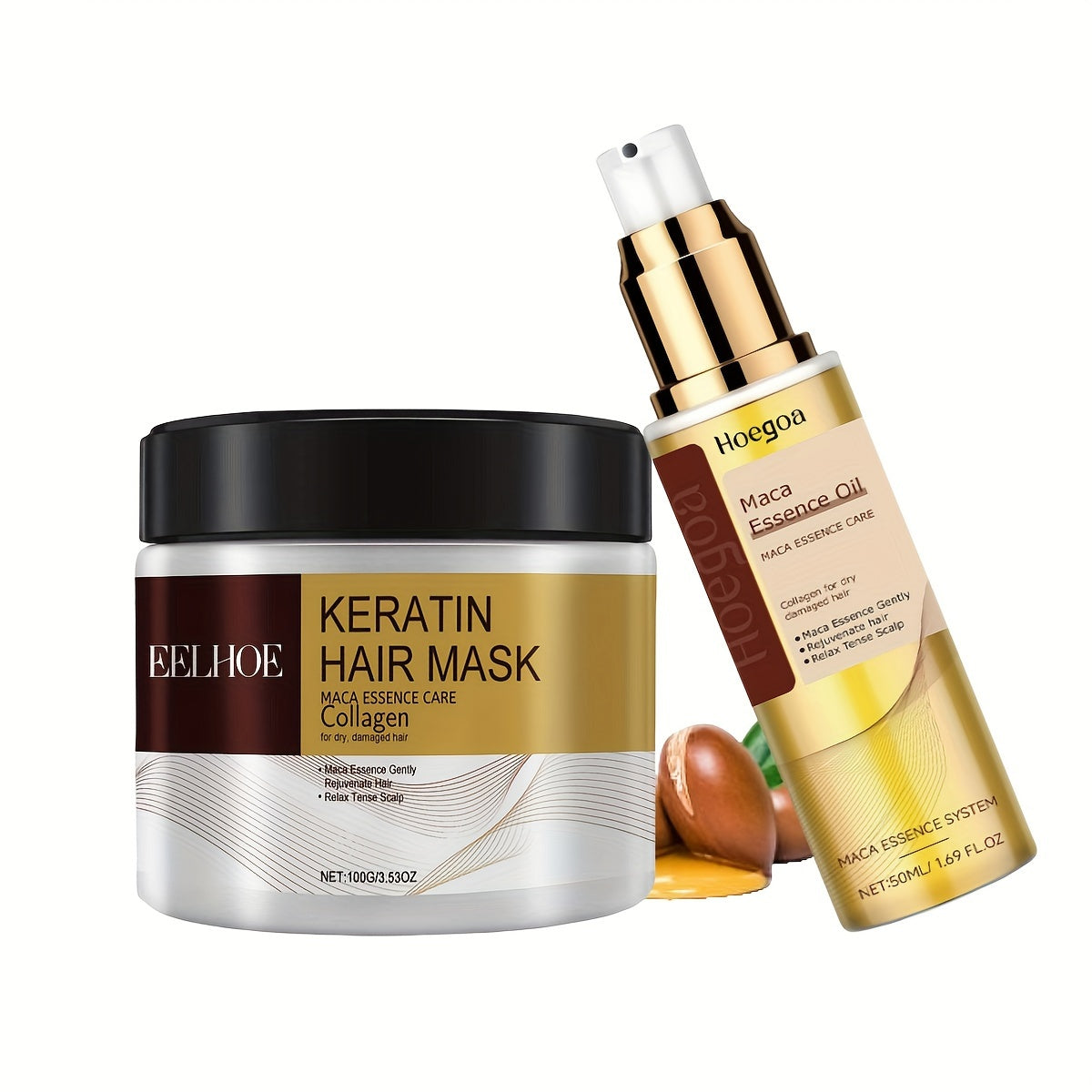 Set includes Hair Mask and Argan Oil Hair Oil for all hair types, with collagen formula, 100g Mask and 1.69oz Oil.