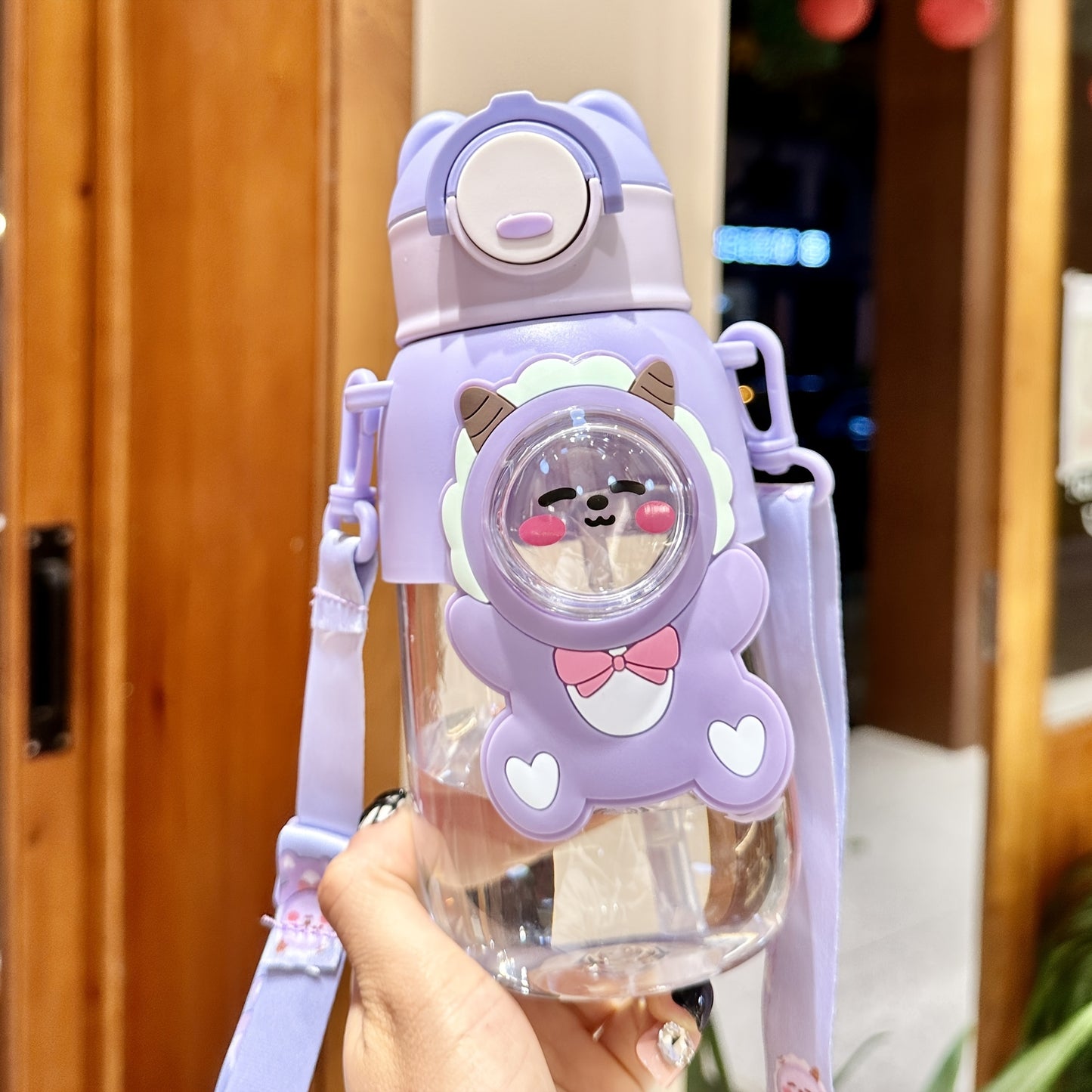 1pc Cute Cartoon Straw Water Bottle- Leak Proof Flip Top, Hand Wash Only, Ideal for Outdoor Activities, Travel, Fitness- Round Shape, PVC Free PC Material.