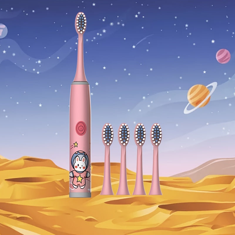 Cartoon Space Series Electric Toothbrush with 5 brush heads, battery powered, soft bristle, 2-minute timer, deep clean, cavity protection, perfect birthday gift.