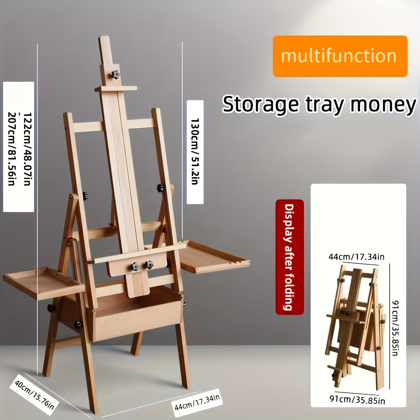 1pc Foldable Beechwood Easel with Double Tray for Artists, Home Studio & Modern Spaces