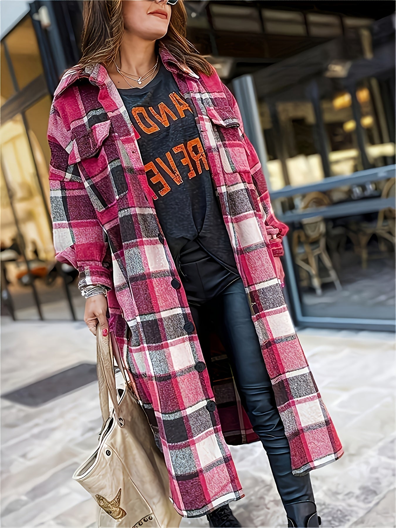 Plus size plaid trench coat with side slits, lapel collar, and commuter fleece-blend for stylish comfort. Machine washable.