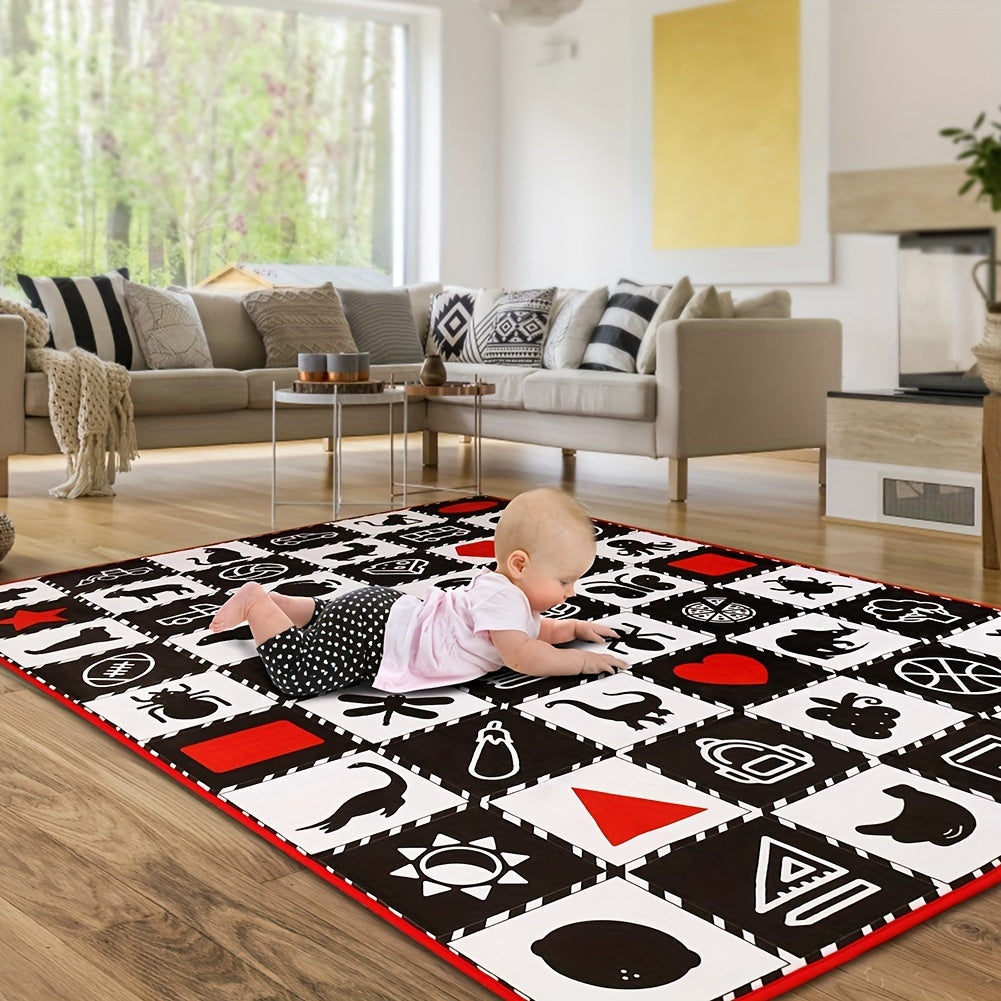 This Large, Thick 0.6cm Floor Mat is Ultra-Soft for Crawling, featuring High Contrast Animal, Fruit & Vehicle Designs. Ideal for Tummy Time, Learning, and Play. In Black & White, with Shapes Toy included. Perfect for Play Mats.