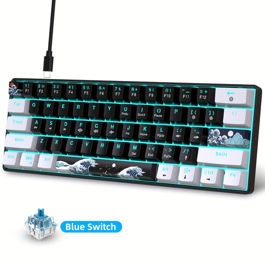 HXSJ Ergonomic 60% Mechanical Gaming Keyboard with Blue Switches, Backlit Sea Blue LED, USB Powered, No Battery Required, ≤36V Operating Voltage.