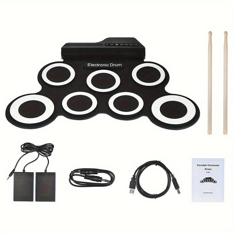 Compact and portable electronic drum kit for beginners, features USB MIDI, headphone jack, built-in metronome, and battery power. Ideal for drum practice and includes basic functions.