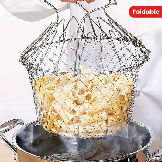 1 piece of Stainless Steel Frying Basket: a foldable, steam rinse, and strain kitchen tool for frying and cooking fried food in the household. A versatile kitchen gadget for all your cooking needs.