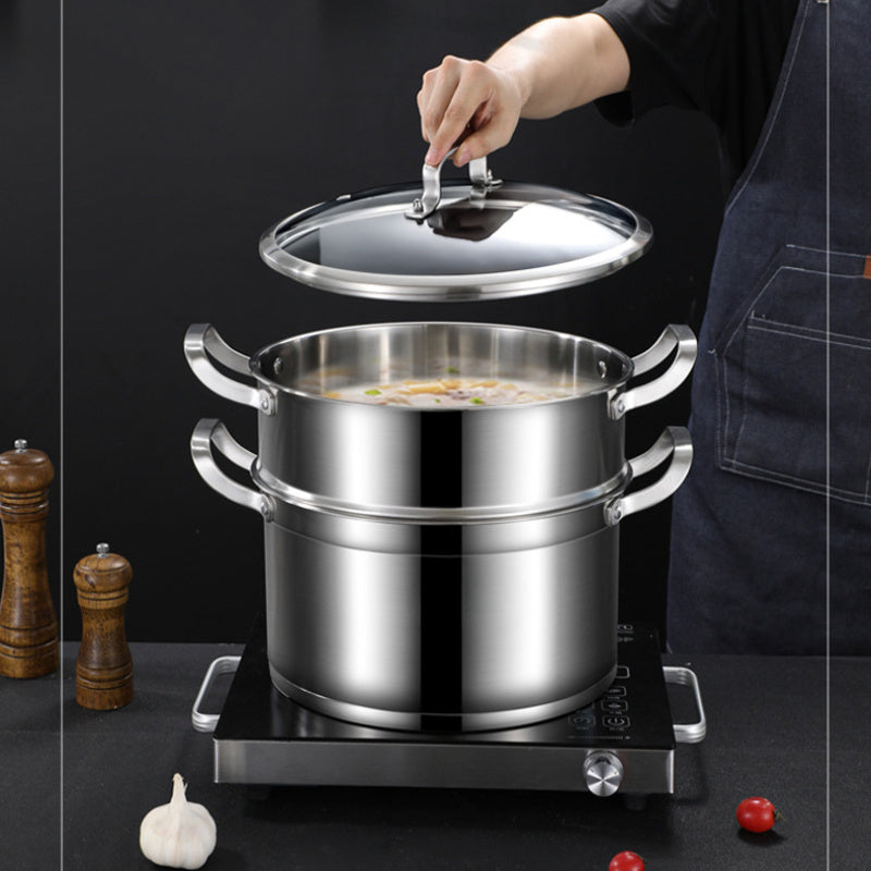 This stainless steel double boiler pot comes with a clear lid and measures 10 inches in size. It is designed for easy cleaning and features a non-stick bottom, making it ideal for both kitchen and restaurant use. The pot has a composite bottom, so it is