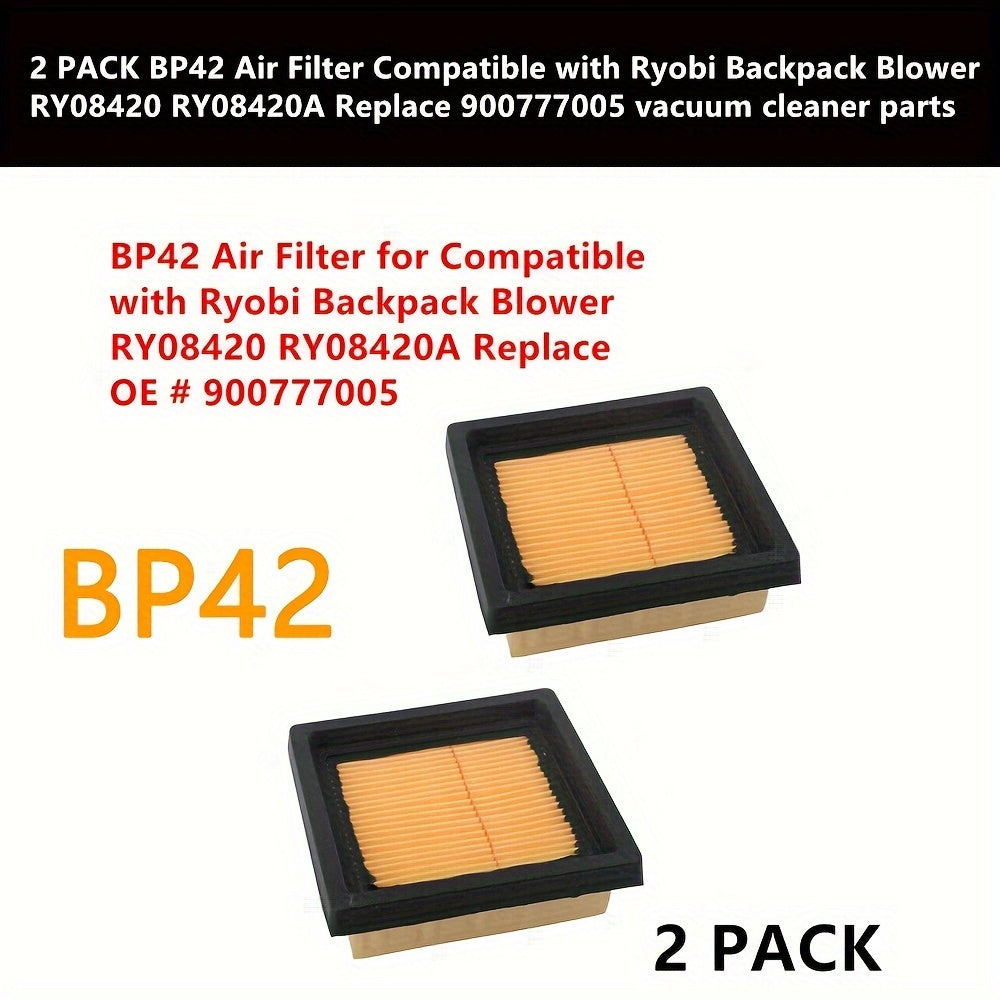 Mustahkam plastik material, Ryobi Backpack Blower modellari RY08420 va RY08420A bilan ishlatish uchun mo'ljallangan BP42 almashtirish havo filtrlarining 2-paketi. Ushbu filtrlar 900777005 changyutgich qismlari bilan ham mos keladi.