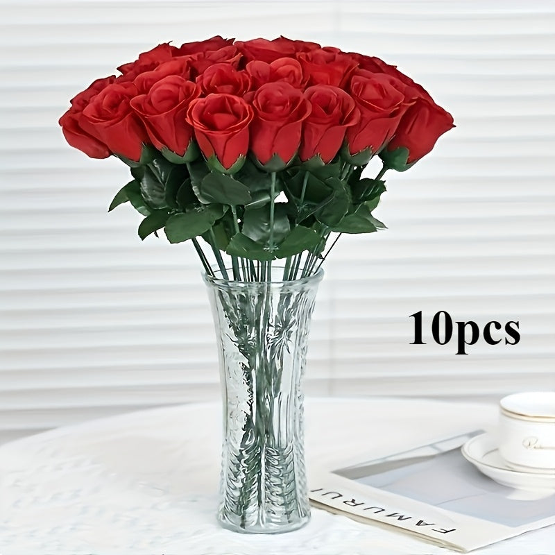 Artificial blue rose bouquet of 10pcs, lifelike touch, versatile plastic flowers for home decor and special celebrations, vase not included.