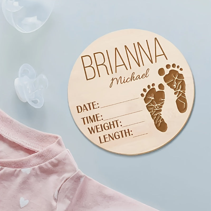 Personalized Wooden Baby Birth Announcement Sign with Custom Name and Footprint Design - Round Keepsake with Birth Details for Photo Props and Name Reveal - Suitable for Infants and Toddlers