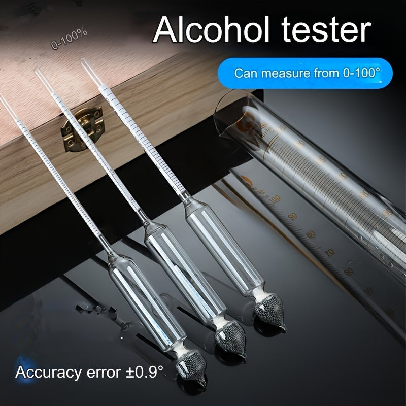 Alcohol testing kit with three test tubes for home brewing, liquor concentration, hygrometer, and density check.