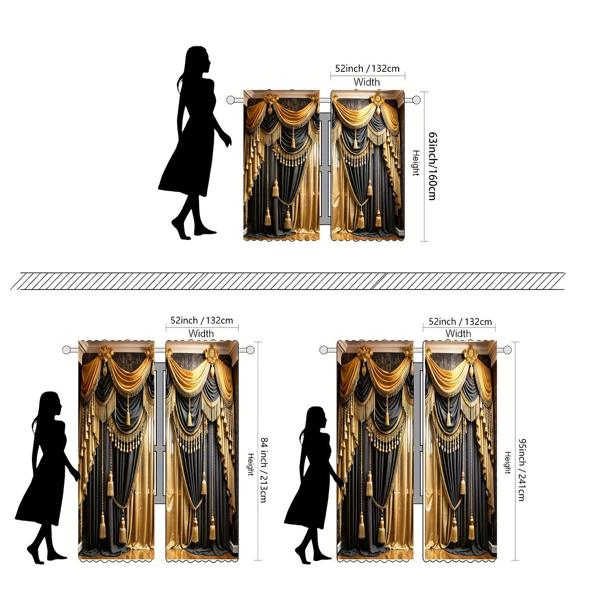 2pc Luxurious Black & Golden Valance Curtains with Elegant Rod Pocket Design, Semi-Transparent Polyester Fabric. Machine washable, perfect for living rooms or bedrooms. Ideal for study room