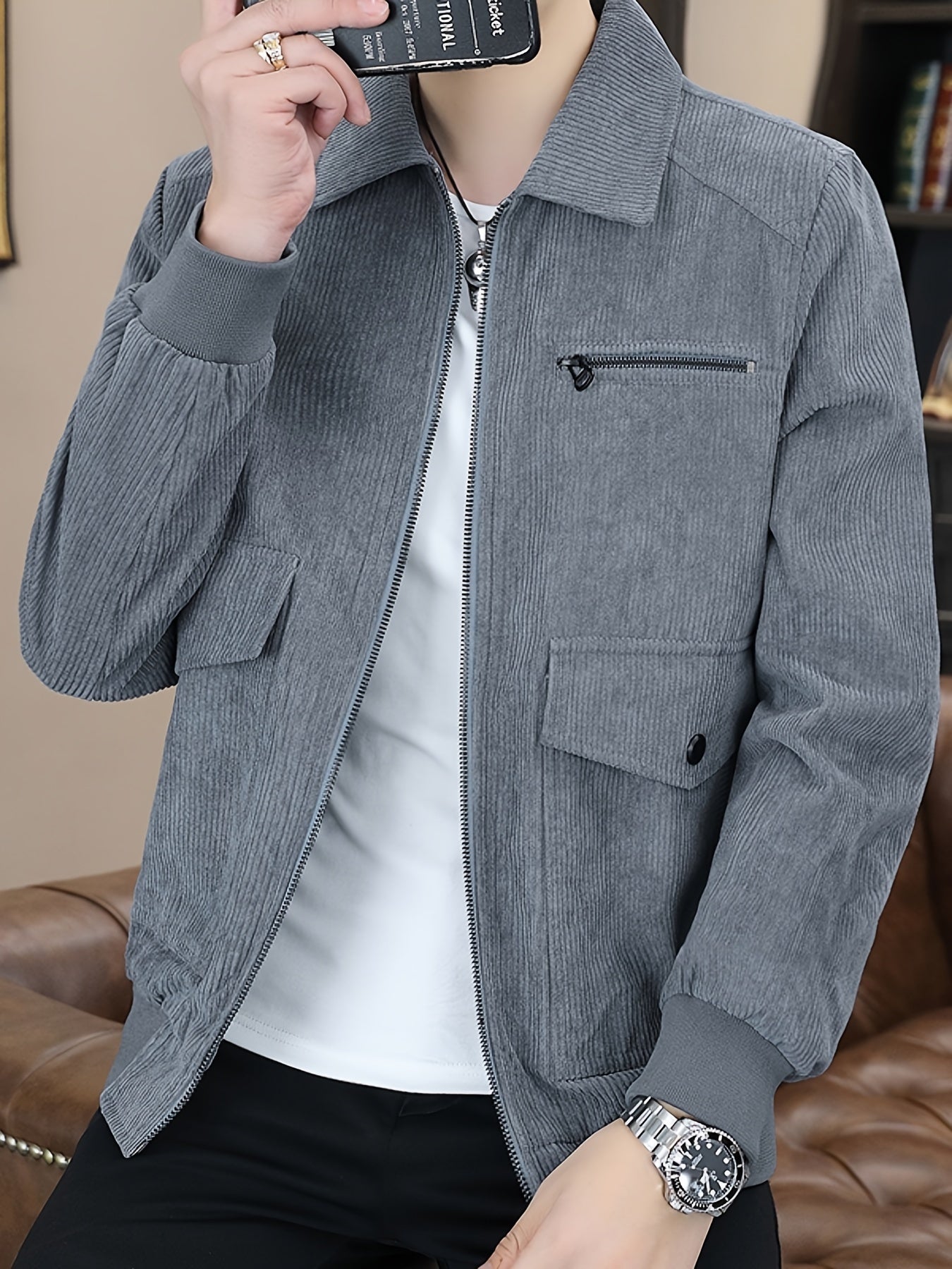 Men's Corduroy Jacket with Pockets, Casual Lapel, Zip Up, Long Sleeve, Outdoor Outwear