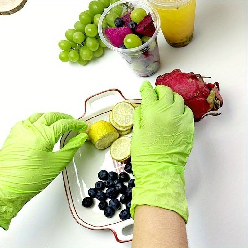 Grass Green Nitrile Gloves, available in packs of 30, 50 or 100. These disposable gloves are ideal for a variety of tasks including food processing, cleaning, pet bathing, dishwashing, hairdressing, nail art, DIY projects, and household kitchen and