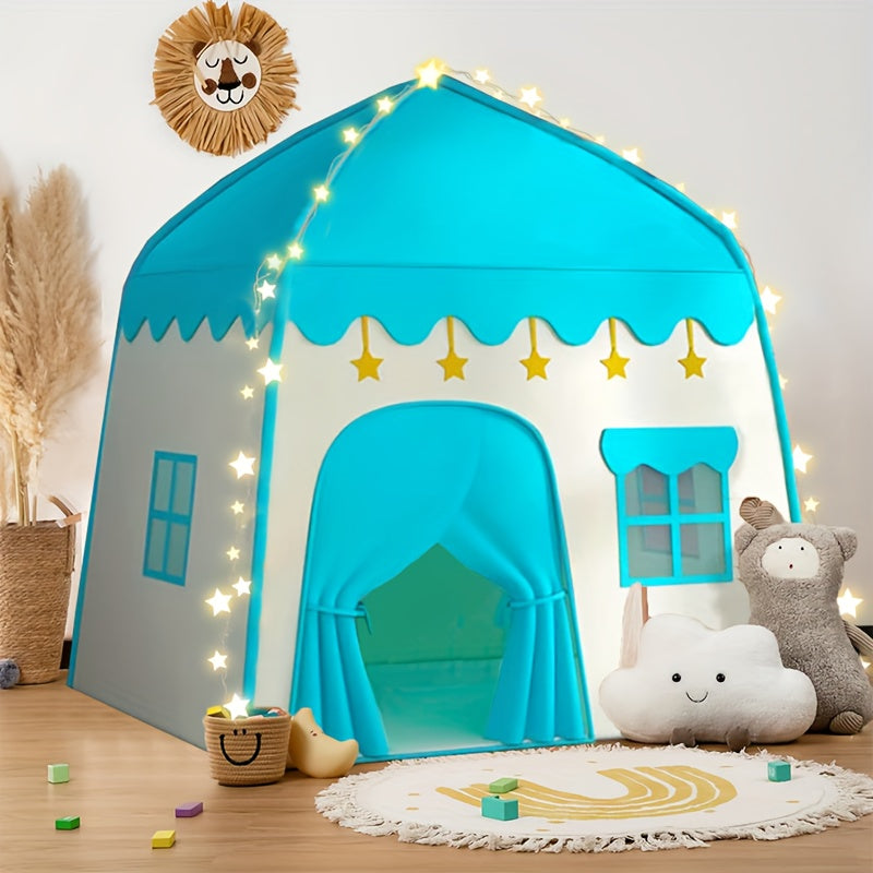 Blue floral play tent with starry lights for kids - perfect for indoor/outdoor play, made of sturdy polyester and PVC.