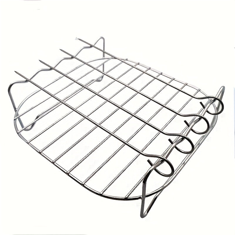 Round stainless steel rack and skewer set for air fryers, compatible with most models and dishwasher safe. Ideal for roasting and grilling.