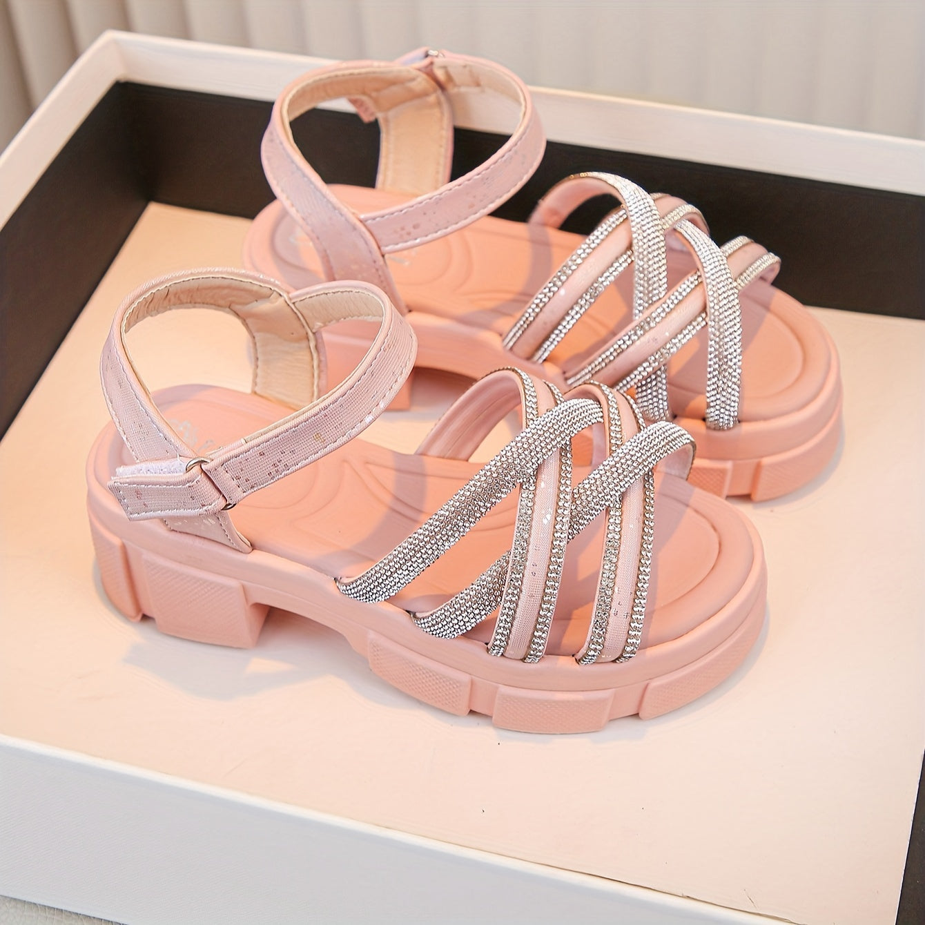 Pink princess sandals with sparkles, high heel, soft sole, hook-and-loop strap, rhinestone accents, for casual spring/summer wear, girls shoes.