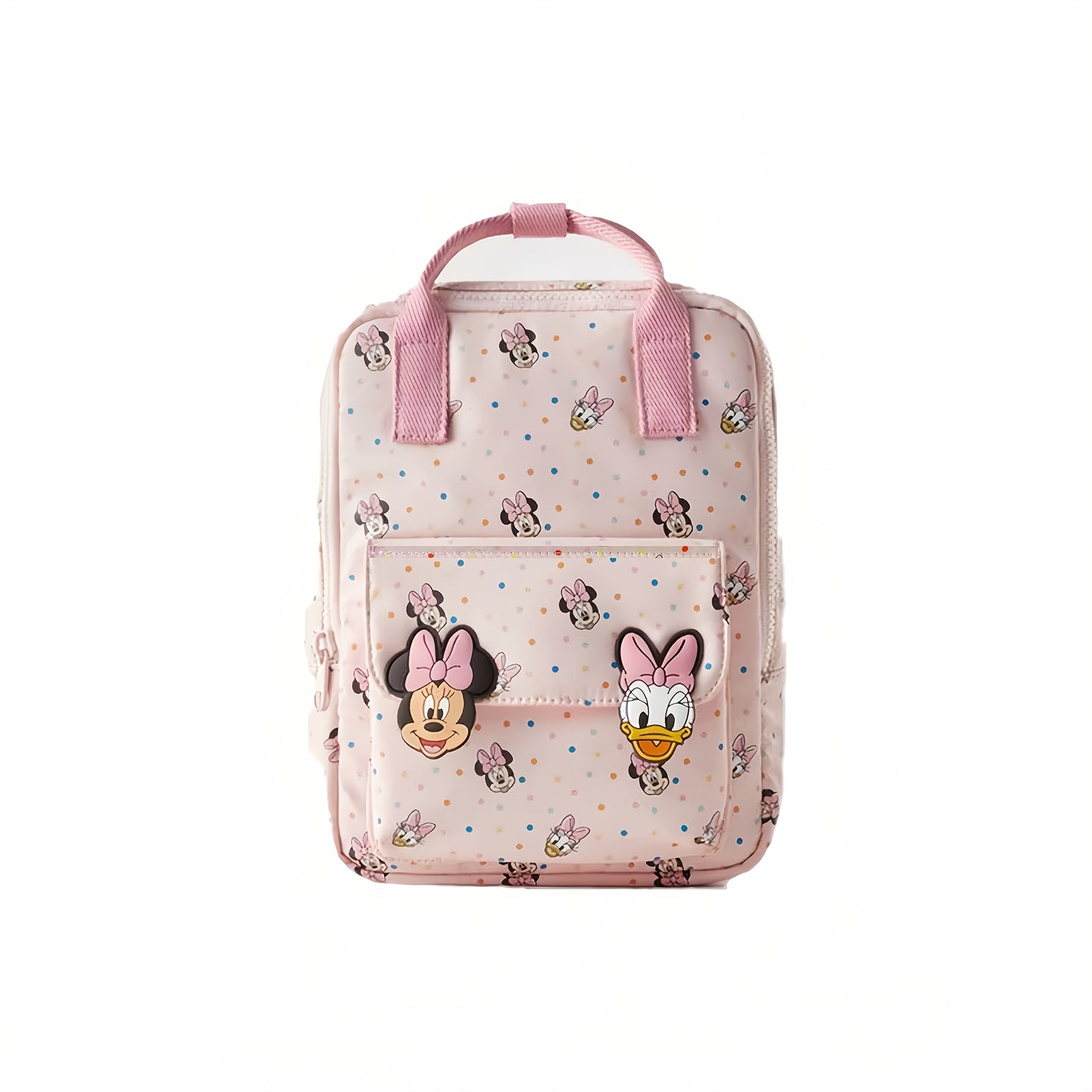 Women's pink Minnie Daisy printed backpack, made of lightweight polyester and canvas material.