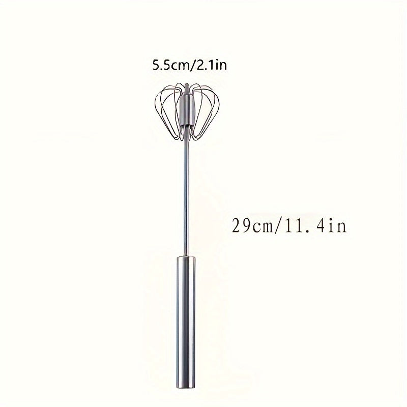 Stainless steel semi-automatic hand whisk for household mixing and baking, suitable for restaurant, food truck, or bakery use.