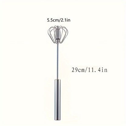 Stainless steel semi-automatic hand whisk for household mixing and baking, suitable for restaurant, food truck, or bakery use.