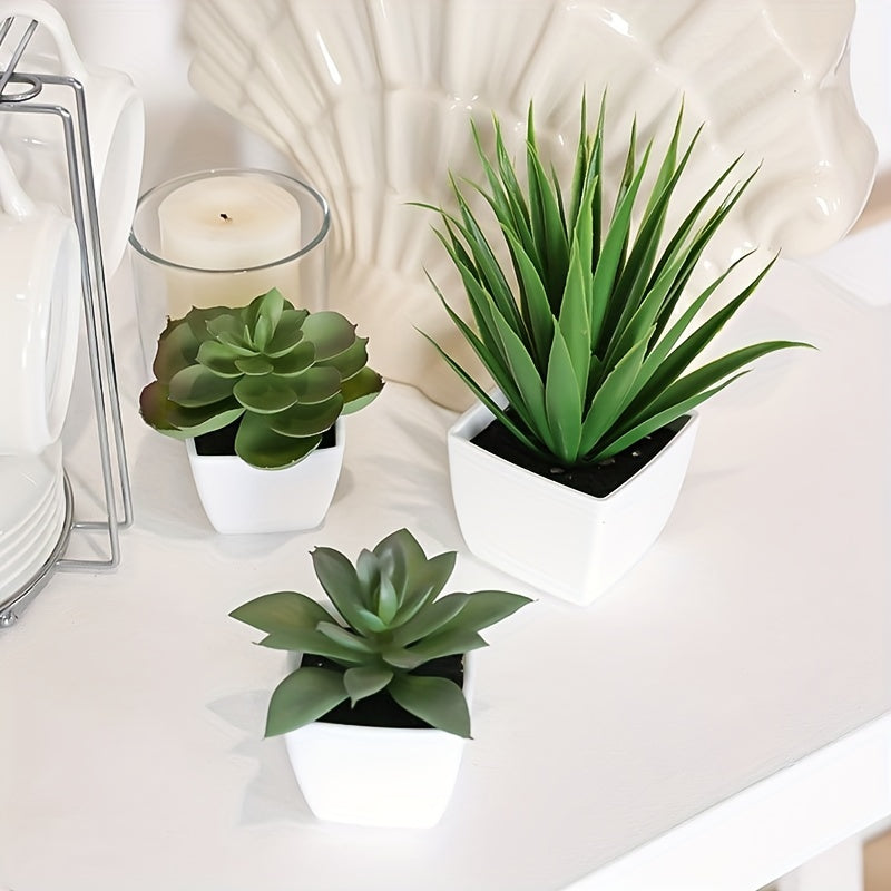 3 fake potted succulents for indoor décor in living room, office, bedroom, or hotel.