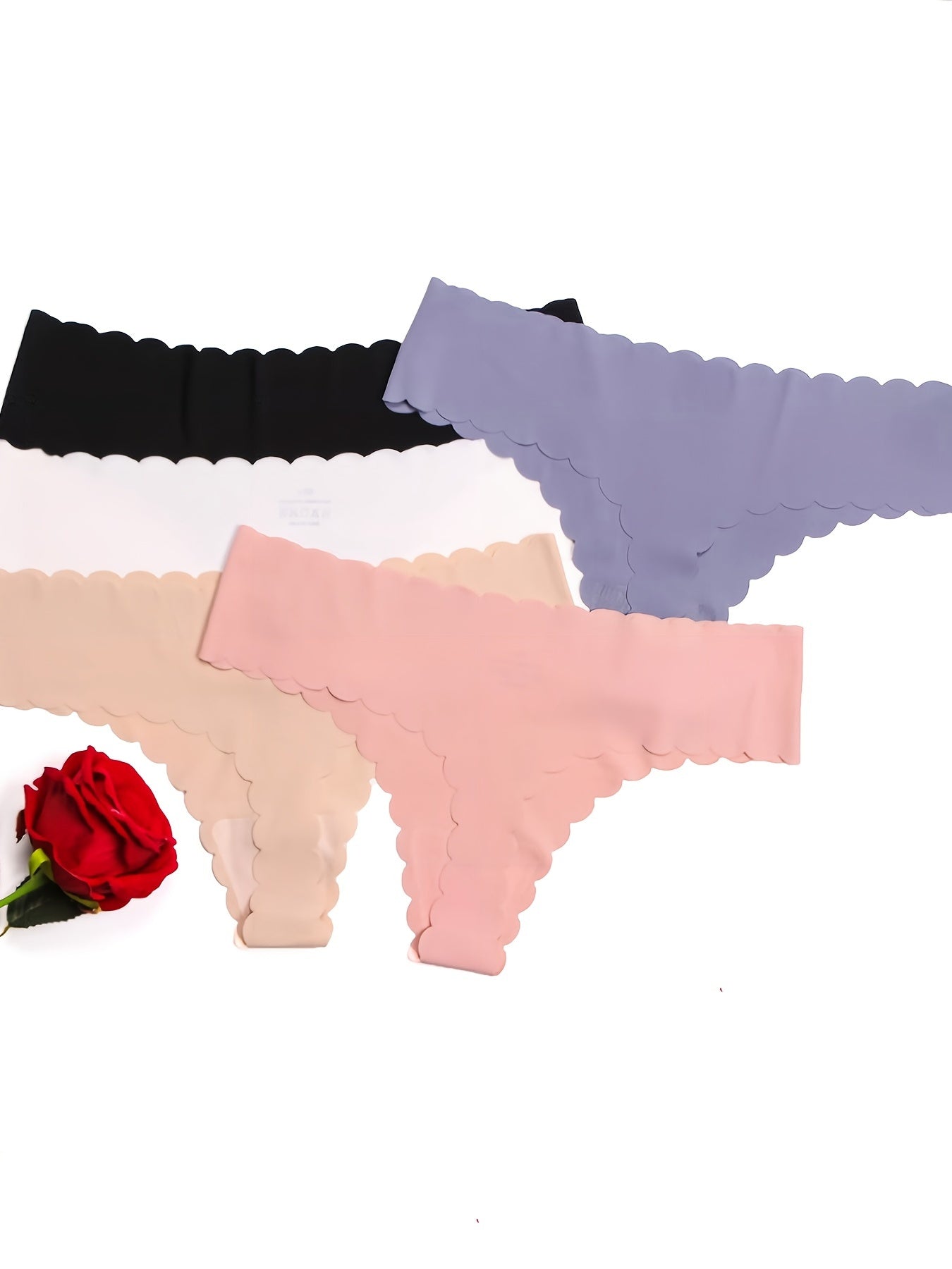 5 Scallop Trim Thongs, Seamless Low Waist Panties for Women's Lingerie