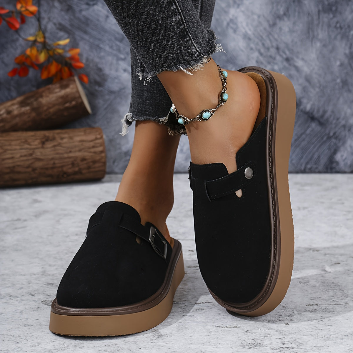 Casual buckle loafers for women with all-season comfort features, PU upper, rubber sole, flannel insole, and retro thick sole from Taizhou.